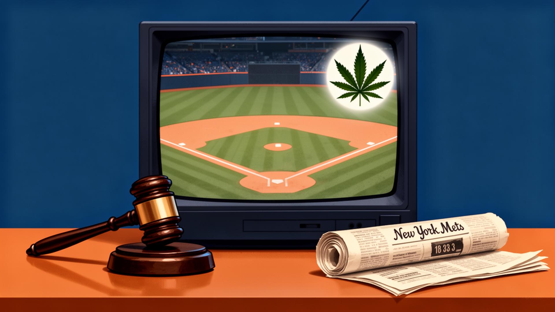Editorial illustration of a vintage TV showing a baseball field with a cannabis-leaf icon, beside a gavel and rolled newspaper — fact-check imagery.