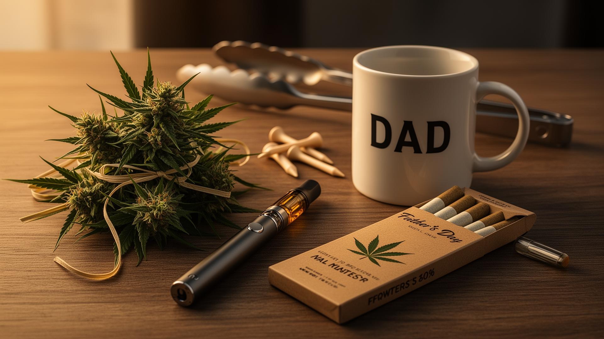 Father's Day cannabis gift arrangement — cannabis flower, vape pen, pre-rolls, a DAD mug, golf tees, and BBQ tongs on a wooden table.