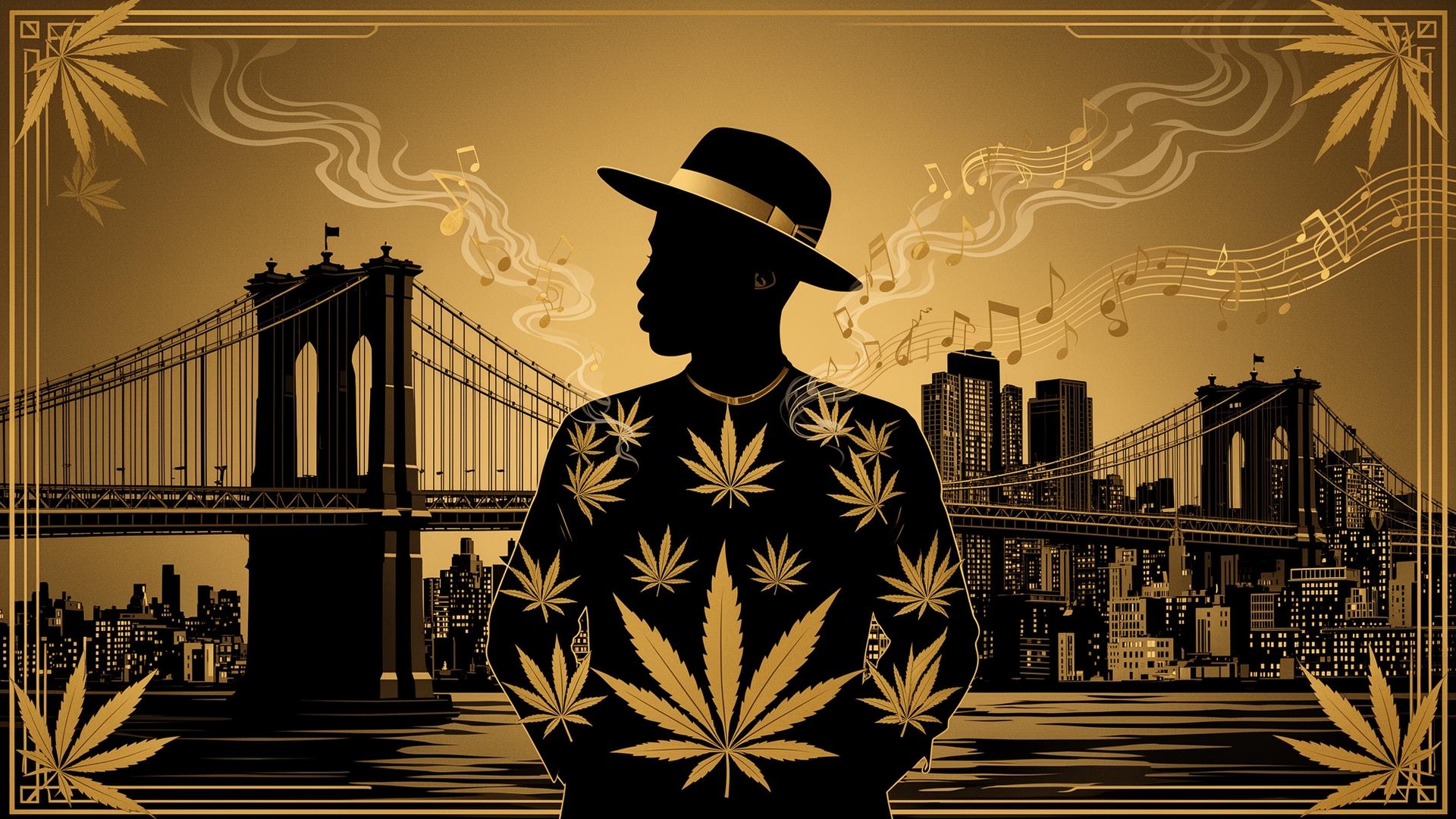 Brooklyn skyline editorial artwork representing Jay-Z's influence on New York cannabis culture and entrepreneurship.
