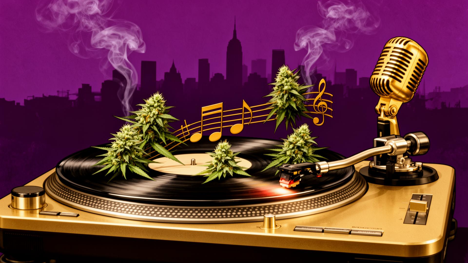 Editorial artwork pairing classic Jay-Z tracks with New York cannabis strains.
