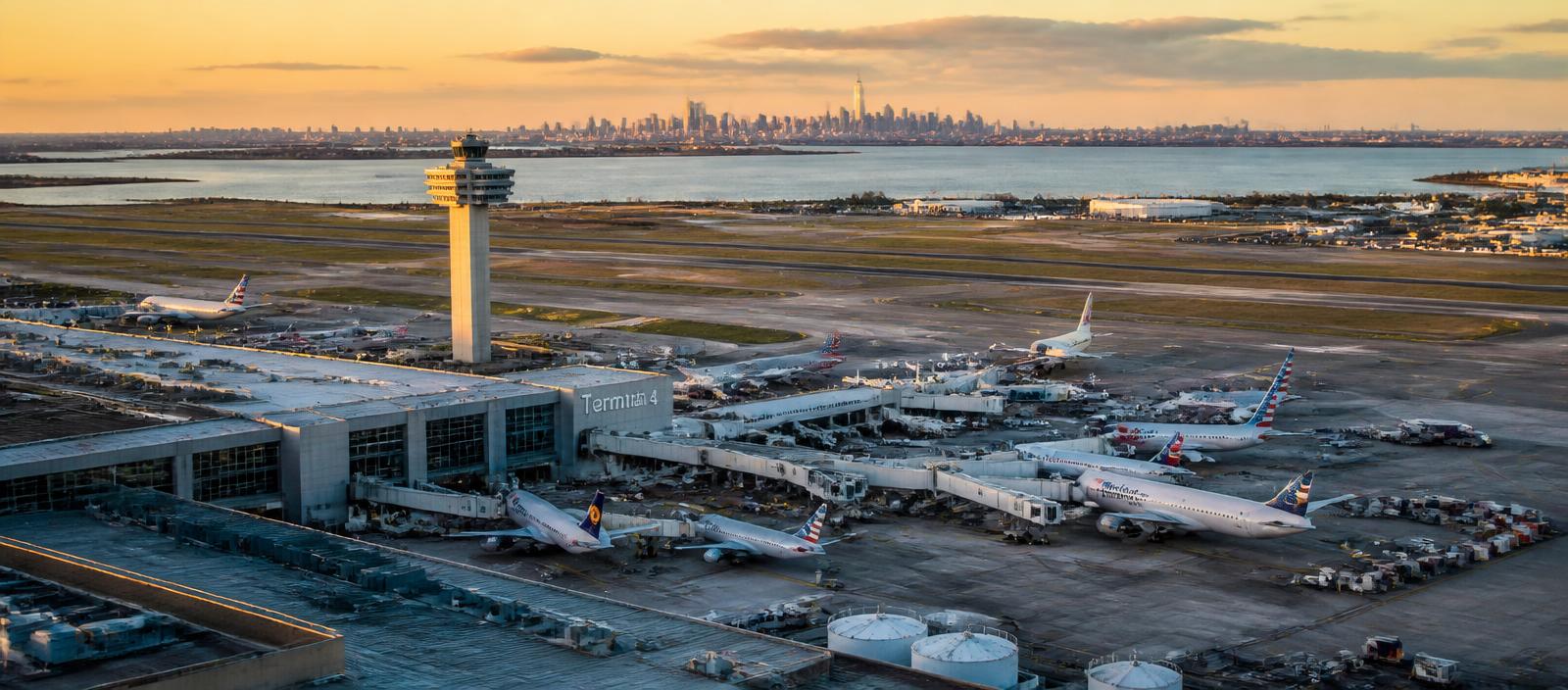 Aerial view of John F. Kennedy International Airport (JFK) Terminal 4 at golden hour, with parked airliners, the control tower, and the Manhattan skyline in the distance.