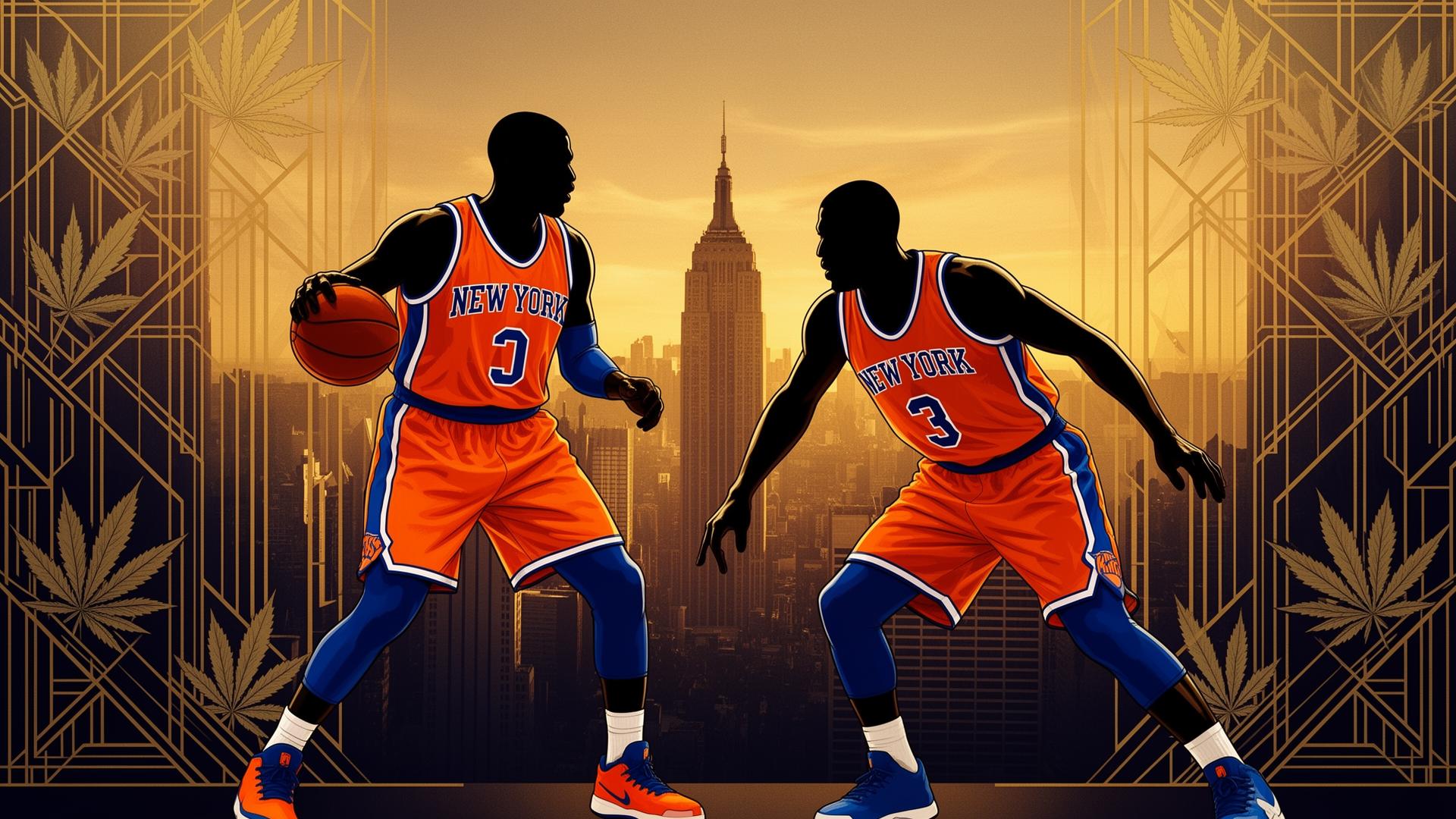 Editorial artwork representing former Knicks players building New York cannabis brands.