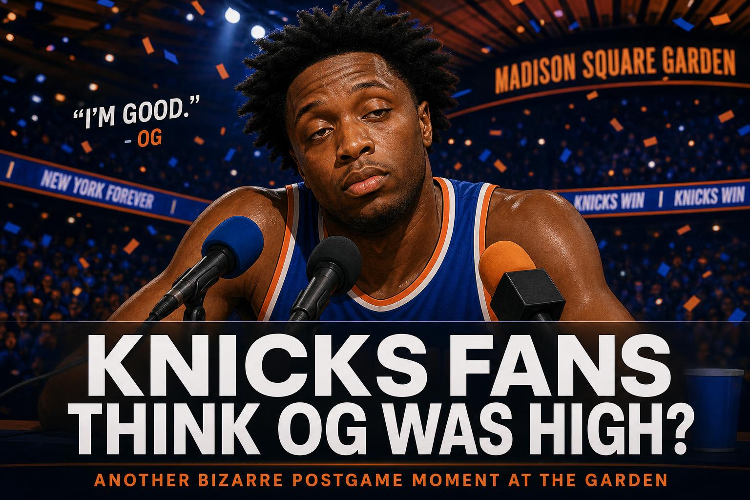 Stylized Knicks postgame interview illustration with bold overlay text 'Knicks Fans Think OG Was High?'